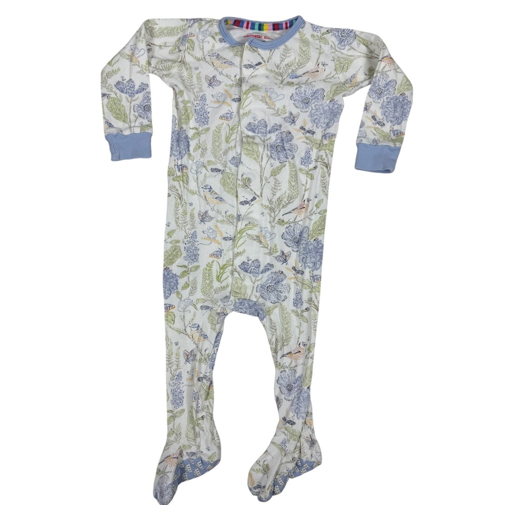 Magnetic Me Footie  9-12 Months White Blue Green Botanical Bird Organic Cotton